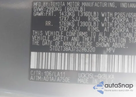 2007 Toyota Sequoia Limited V8 z USA, uszkodzony, nr VIN 5TDZT38A37S286320